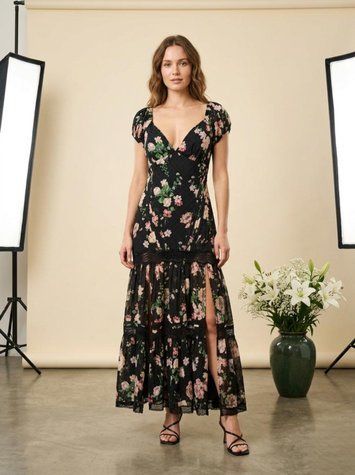 Чорна максі-сукня ASOS Design з квітковим принтом, мереживом та відкритою спиною, розмір 42-44 KL-DR-116 фото